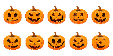 Pixel Set of a Halloween pumpkin with a carved sinister grin. Pixel art Orange pumpkin with a brown stem in retro style, suitable for holiday and digital designs.