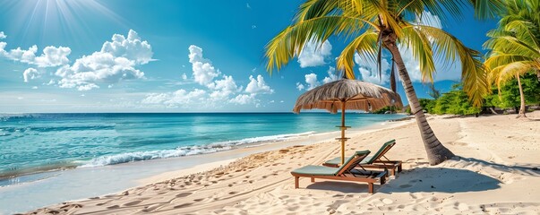 An extended beach panorama with fine white sand, tall, swaying palm trees, and two sunbeds under a generously sized umbrella