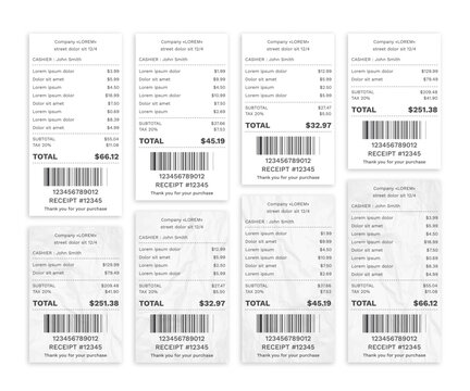 Set Realistic paper shop receipt with barcode. Payment paper bills for cash or credit card. Vector illustration.