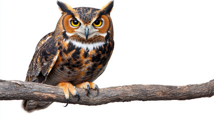 Spooky Owl Perched on Branch Isolated on White Background