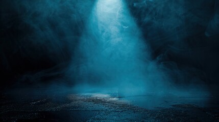 Dark empty scene, blue neon searchlight light, wet asphalt, smoke, night view, rays. 