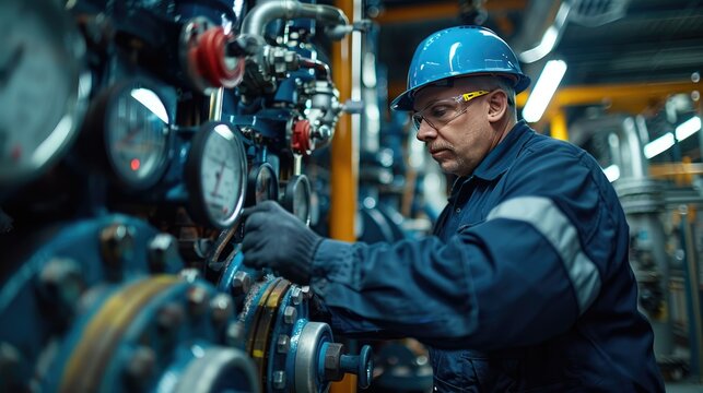 Technician performing room maintenance on machinery in a technical facility