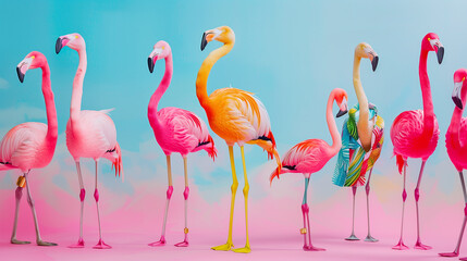Fototapeta premium A group of quirky adorable pink flamingos in trendy outfits and glasses are getting together for a glamorous party. space for text.