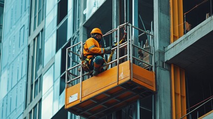 A construction worker in a hard hat operating a crane at a busy building site, copy space 