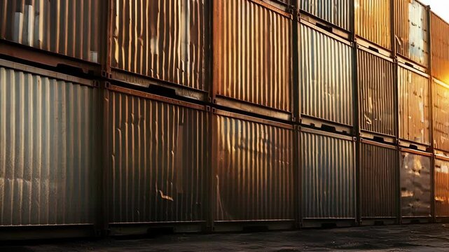 Towering cargo containers stacked high, glowing in warm sunlight, aged and rusty, forming a captivating pattern against the setting sun, showcasing global trade and transportation