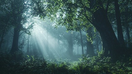   A dense forest bathed in sunbeams filtering through tall trees, shrouded by fog on a hazy day at its heart