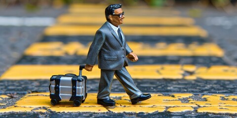 Obraz premium A businessman rolls a suitcase along a faded yellow crosswalk on an urban street