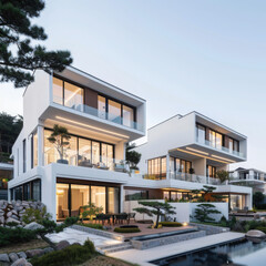 Fototapeta premium The buildings feature sleek white steel frame structures with modern, high-end design elements, inspired by the provided reference images. The exterior is finished in white, with large windows.