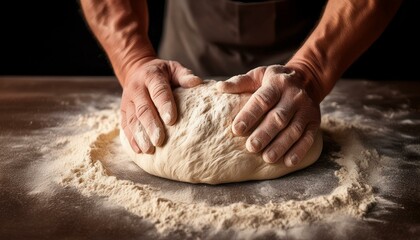 Fototapeta premium Artisan Baker's Hands Kneading Dough, Flour Dust, Warm Light