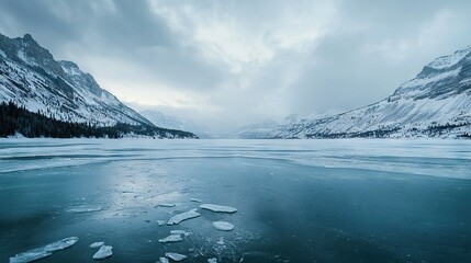 Fototapeta premium Snow-surrounded water body with distant ice-covered mountains and nearby ice floes