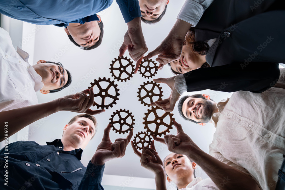 Poster business team joining cogwheel in circular together symbolize successful group of business partnersh