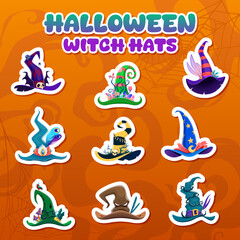 Cartoon Halloween witch hat stickers for holiday funny icons, vector horror night decorations. Halloween stickers of witch hats with bizarre monster buckles, skull and magic toadstool with feathers