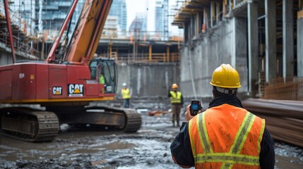 onstruction worker in a hard hat operating a crane at a busy building site, copy space  
