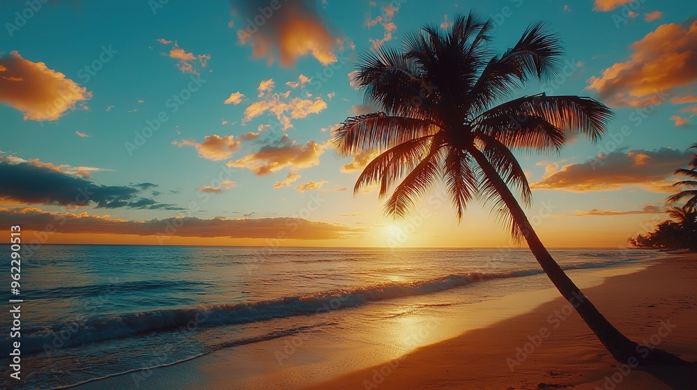 Poster   Palm tree on beach next to ocean; sun setting in sky behind