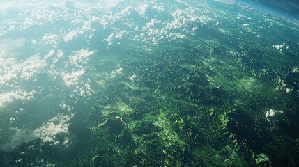   Earth viewed from space, featuring cloudy skies, lush vegetation, and azure backdrop