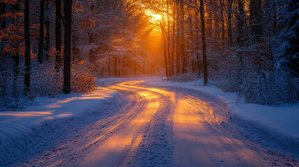 Snow-Covered Forest Road at Sunrise Creating a Winter Wonderland with Golden Light and Peaceful Serenity