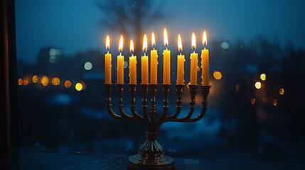 Fototapeta premium A close-up of glowing Hanukkah candles burning in a menorah, set on a window sill with a view of the night outside, creating a peaceful and reflective holiday moment.