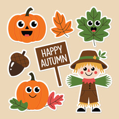 Naklejka premium Colorful autumn-themed stickers featuring pumpkins, leaves, an acorn, and a cheerful scarecrow on a beige background.