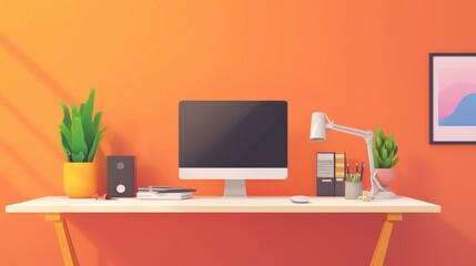 A clean, minimalist workspace setup featuring a computer, potted plants, and stationery on a white desk against a vibrant orange background. The bright color and neat arrangement create an inspiring