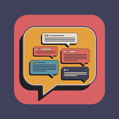 Obraz premium Colorful speech bubbles representing social media interactions on a retro-styled app icon background.