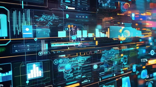 Digital wall is displaying data from an innovative production process, with charts, graphs, and other visuals. The image evokes the complexity and efficiency of modern manufacturing