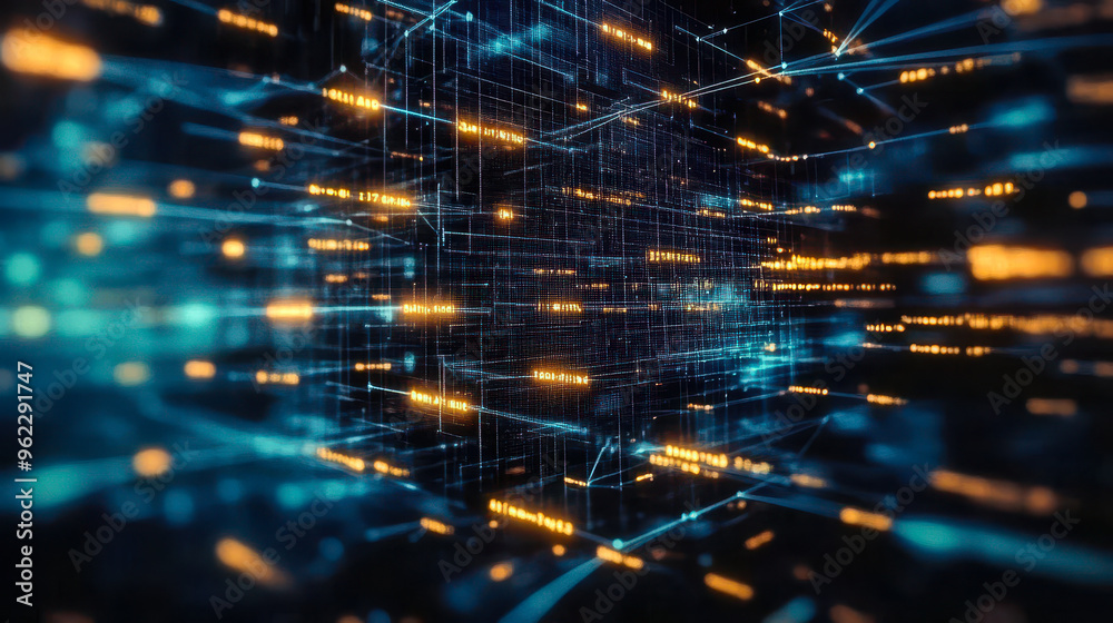 Poster abstract digital technology network background with glowing data streams for video streaming and nft