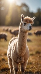 Obraz premium Gentle and Fluffy Alpaca Standing in Sunlit Meadow Wildlife Concept with Copy Space.