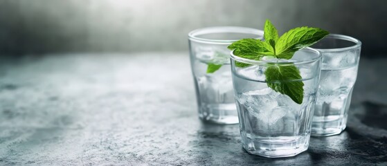 Refreshing mint drinks served in clear glasses with ice cubes