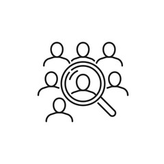 Job search line icon for recruitment and head hunting, vector pictogram. Employee people and magnifier icon for headhunting or staff hiring for outsource workers or company professional candidates