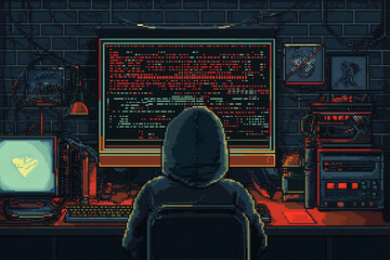 Hacker in 8-Bit Retro Video Game Style