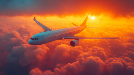 Fototapeta premium Commercial Airplane Soaring Through Vibrant Orange Sunset Sky Leaving White Exhaust Trail - Aerial Travel and Transportation Concept