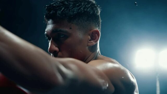 Boxer trains intensely under bright lights at night in a high-energy training session focusing on technique and speed