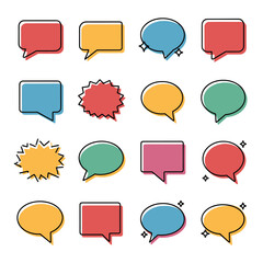 Colorful speech and thought bubbles in various shapes on a white background, perfect for versatile communication graphics.