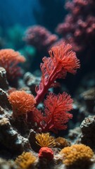 Fototapeta premium Close up of a beautiful red tropical coral reef deep under the sea.