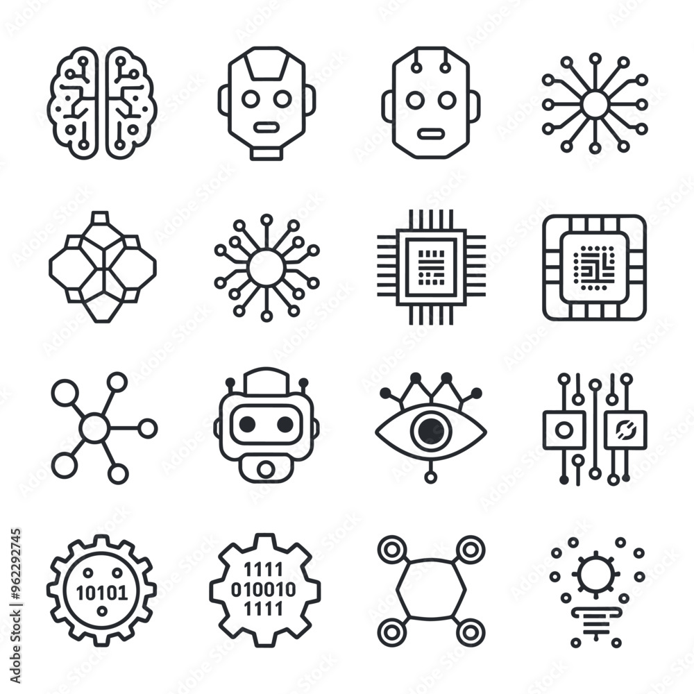 Poster artificial intelligence icons set showcasing various ai and data network concepts in black and white