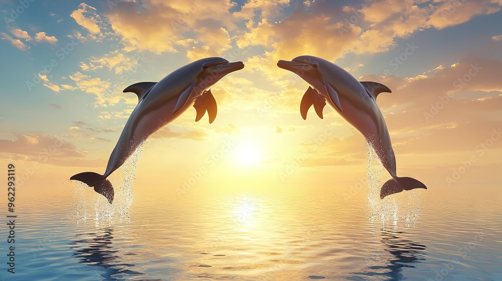 Sticker   Dolphins jumping in front of a cloudy setting sun, water reflecting