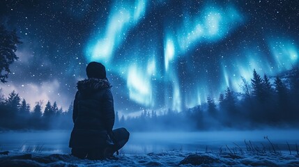 Obraz premium Ethereal aurora borealis dancing across starry night sky over a frozen landscape