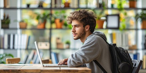 A student engaged in an online course while studying in a cozy learning environment