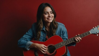 A beaming woman hugs her guitar, displaying her distinctive style with a red background.