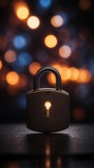 Glowing lights padlock shaped hole in dark empty room.