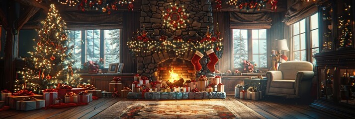 Festive Christmas celebration with Santa Claus by a cozy fireplace in a decorated living room