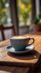 Obraz premium A cup of coffee sitting on top a wooden table.