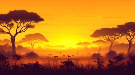 Silhouettes of trees and animals in a field at sunset.