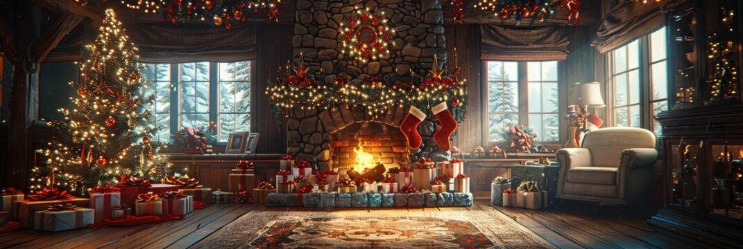 Festive Christmas celebration with Santa Claus by a cozy fireplace in a decorated living room