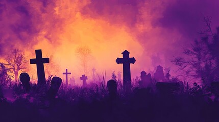  Graveyard silhouette halloween abstract background
