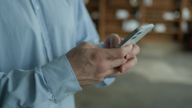 Side view unknown young Caucasian man businessman user male hands hold mobile cell phone typing message smartphone texting ordering delivery play game shopping online gadget use remote chat app indoor