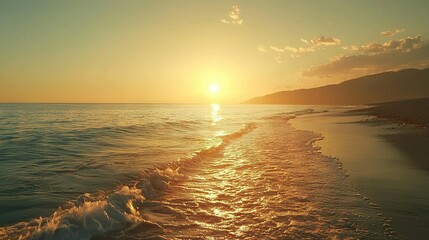   The sun sets over the ocean as a beach and distant mountain are visible in the foreground and background respectively