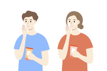 Man and woman applying lotion cream on face. Beauty, cosmetic, skincare, treatment, lifestyle, cleansing, hygiene concept. Flat people character vector design illustration. 