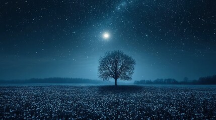   A single tree stands amidst a field at night, surrounded by stars and a bright moon