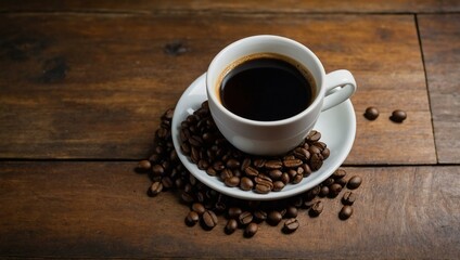 A cup of coffee alongside coffee beans on a wooden surface, with space available for text or design.